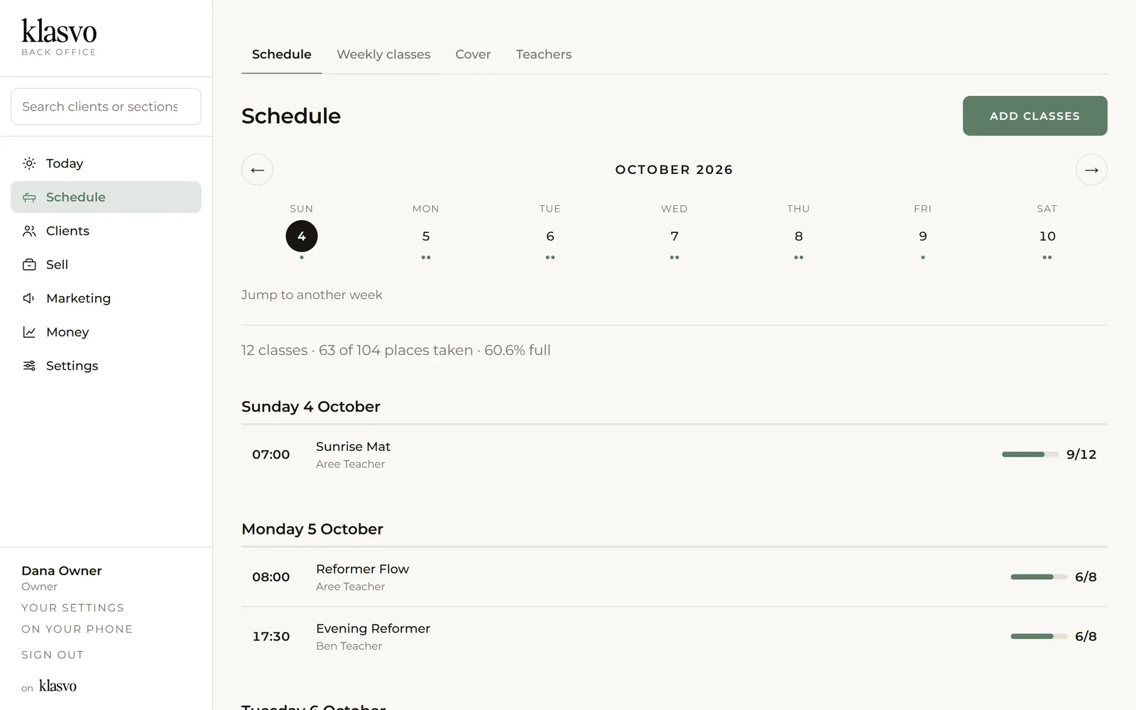 ตารางคลาสประจำสัปดาห์ใน Klasvo พร้อมจำนวนการจองของแต่ละคลาส